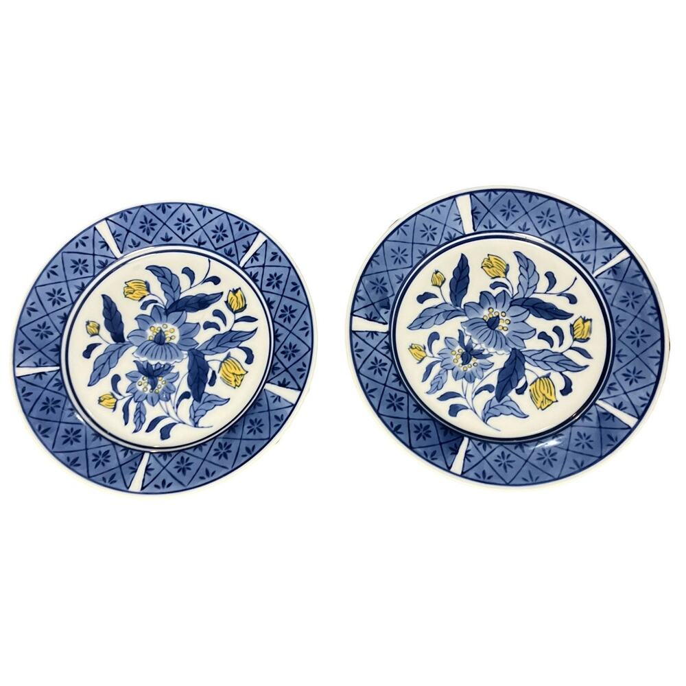 Italian Deruta Style Majolica 8” Plates Hand Painted Blue Geometric Floral